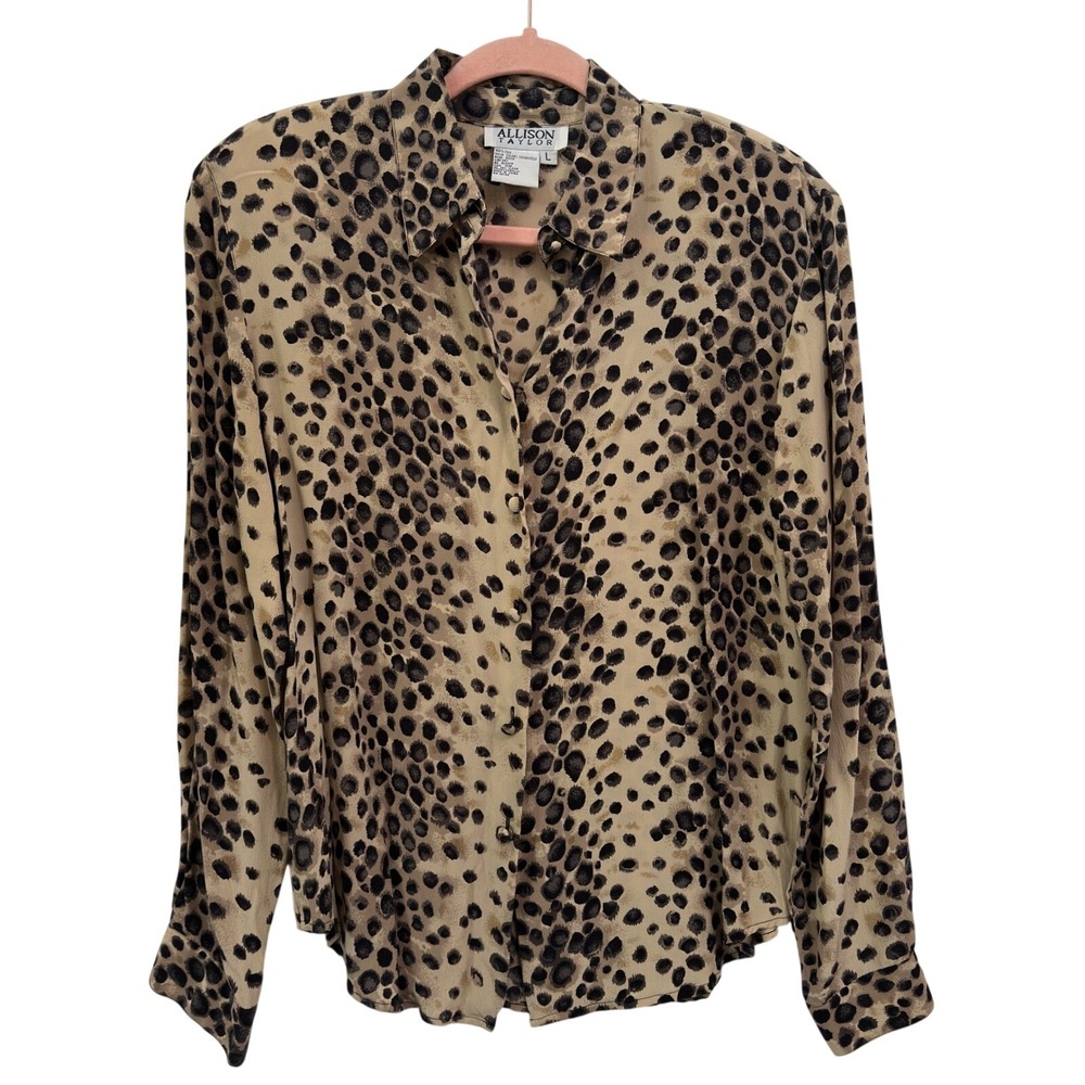 Allison Taylor Vintage 90s Silk Leopard Print Button Front Blouse Tan Large